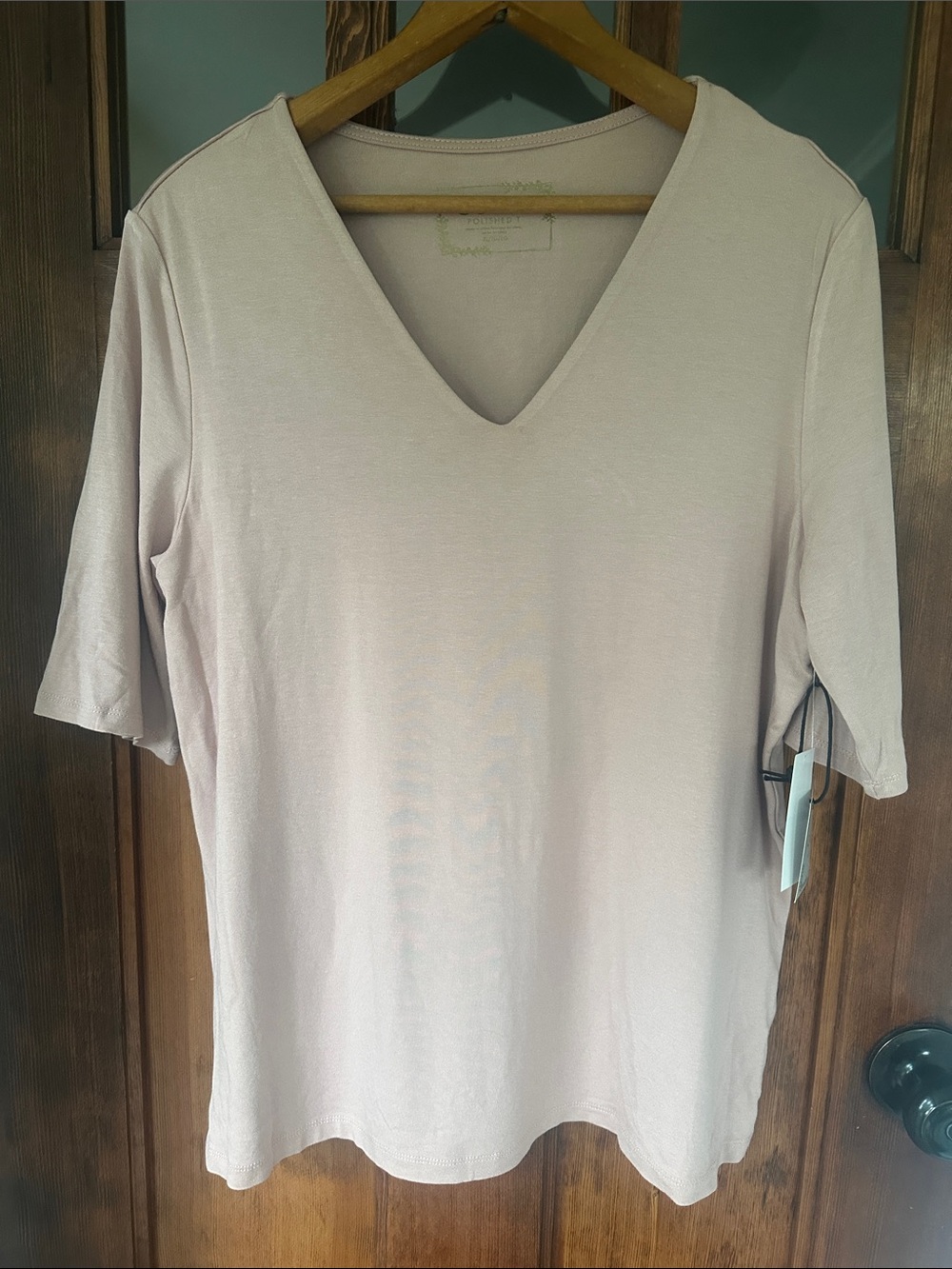 CUPIO Polished T V-Neck Knit Crepe Top Short Sleeve Adobe Rose Pink XL NWT